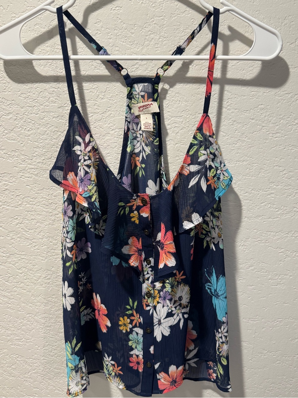Arizona Navy Floral Ruffle Tank Top